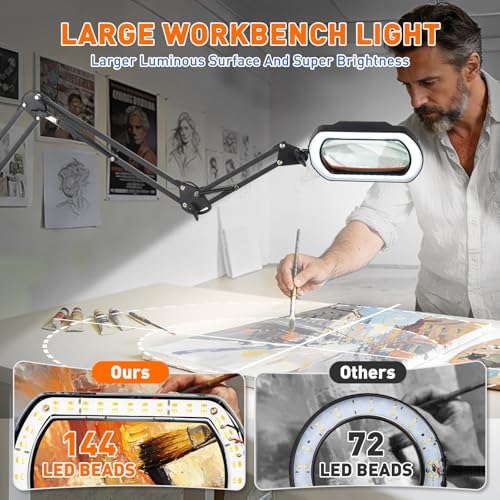 HITTI 12X Square Ultra Long Magnifying Glass with Light and Clamp | 3-Section Arm Hands Free Lighted Stand, 5 Color Modes, Stepless Dimming LED Desk Lamp for Workbench, Crafting, Reading-Yellow