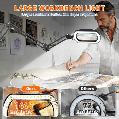 HITTI 12X Square Ultra Long Magnifying Glass with Light and Clamp | 3-Section Arm Hands Free Lighted Stand, 5 Color Modes, Stepless Dimming LED Desk Lamp for Workbench, Crafting, Reading-Yellow