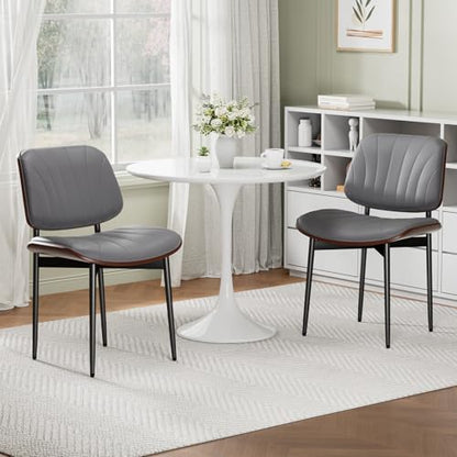 Dining Chairs Set of 2, Mid-Century Modern Upholstered PU Leather Chairs | with Walnut Back and Metal Legs Adjustable Feet for Kitchen Dining Room, Dark Gray Shell Strips - color: Dark Gray Shell Strips