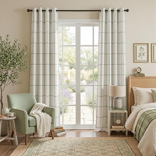 MYSKY HOME 100% Blackout Green Plaid Linen Curtains 84 Inch Long 2 Panels Set Double Layer Farmhouse Thermal Insulated Striped Print Drapes Grommet Top for Bedroom Living Room, 52" W Each Panel - color: Green, size: 52"W x 84"L (Pack of 2)