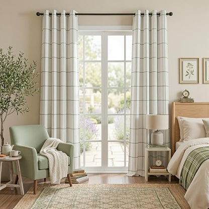 MYSKY HOME 100% Blackout Green Plaid Linen Curtains 84 Inch Long 2 Panels Set Double Layer Farmhouse Thermal Insulated Striped Print Drapes Grommet Top for Bedroom Living Room, 52" W Each Panel - color: Green, size: 52"W x 84"L (Pack of 2)