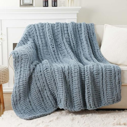 Battilo Chunky Knit Throw Blanket for Couch, 50"x60", Dusty Blue | Hand Knit with Chunky Yarn, Cozy Warm Soft Chenille Throw Blanket for Bed, Sofa, Living Room - color: Dusty Blue