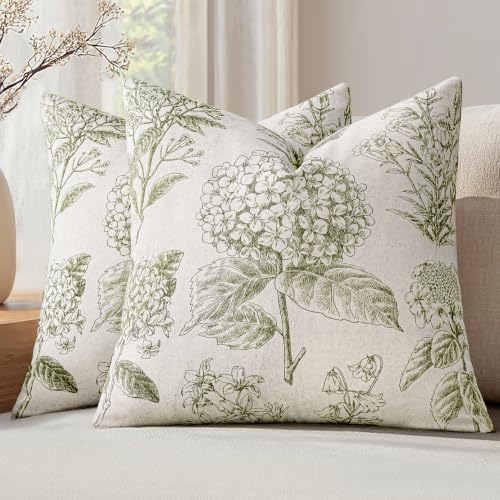 Set of 2 Decorative Floral Pillow Covers 16x16 Inch Light Green | Neutral Hydrangea Print, Boho Vintage Throw Cushion Covers, Cottagecore Home Decor, for Sofa Couch Porch Bedroom Living Room - color: Light Green, size: 16" x 16" (Pack of 2)