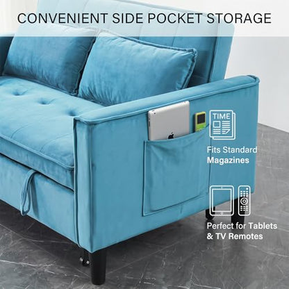 3 in 1 Convertible Sleeper Sofa Bed, Velvet Loveseat Futon Pull-Out Couch with Adjustable Reclining Backrest, Side Pockets and Pillows for Living Room,Bedroom Apartment Small Spaces (Sky Blue-Velvet) - color: Sky Blue-velvet