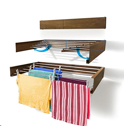 Step Up Laundry Drying Rack (40-INCH Wide - Wood-Look), Wall Mounted, Retractable Clothes Drying Rack, 60lbs Capacity, 20 Linear Ft, with Wall Template and Long Screwdriver Bit - color: Wood-look, size: 40" Wide