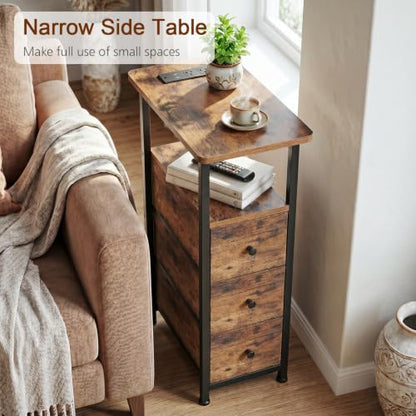 Narrow End Table with Charging Station, Small Nightstand | Skinny Side Tables Living Room with 3 Fabric Drawers, Slim Bedside Table for Bedroom, Small Spaces, Couch, Brown - color: Rustic Brown, size: 27.55''H (3 Drawers), style: Power