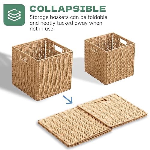 13x13x13 Storage Cube Bins Set of 4, Paper Rope Hand Woven Storage Basket with Handles, Collapsible Square Storage Cubes for Shelves, Wicker Shelf Baskets for Living Room Bedroom Organizing, Natural - size: 13" x 13" x 13" (4 Pack)
