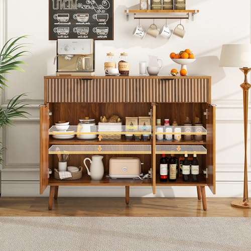 LYNCOHOME Fluted Sideboard Buffet Cabinet with Storage,2 Drawers and 3 Doors,Wood Coffee Bar Cabinet with Solid Wood Feet for Kitchen,Hallway - size: 15.8"D x 43.3"W x 34.7"H
