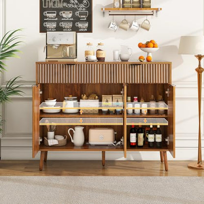 LYNCOHOME Fluted Sideboard Buffet Cabinet with Storage,2 Drawers and 3 Doors,Wood Coffee Bar Cabinet with Solid Wood Feet for Kitchen,Hallway - size: 15.8"D x 43.3"W x 34.7"H