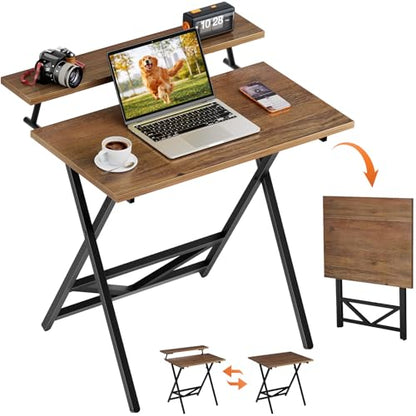 WOHOMO Folding Computer Desk with Monitor Stand, Adjustable Height, Walnut | Foldable Table Small Office Desk for Bedroom, Space Saving Desk for Home Office, Easy Assembly - color: Walnut