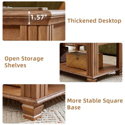 Farmhouse Coffee Table Set of 3, Brown | Rustic Wood 3 Piece Coffee and End Table Sets with Open Shelf for Living Room - color: Brown