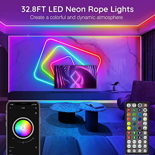 32.8Ft Neon Rope Lights,Flexible Led Rope Lights Control with App/Remote,Multiple Modes RopeLights,IP65 Outdoor RGB Led Neon Lights NonWater Resistant,Music Sync Gaming Led NeonLight Strip - size: 32.8FT