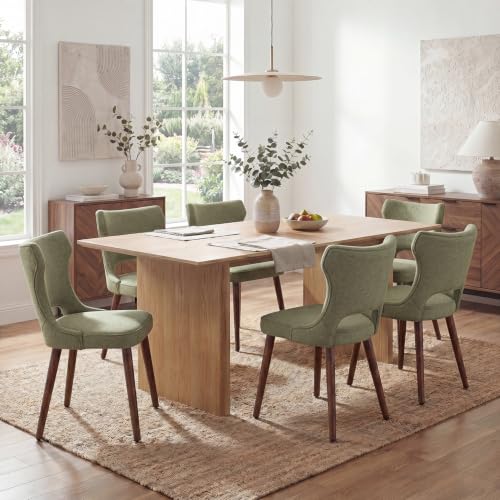Wooden Dining Chairs Set of 6, Mid Century Dining Room Chairs with Solid Wood Legs, Upholstered Fabric Kitchen Chairs with Ergonomic Curved Backrest for Kitchen Dining Room, Green - color: Green, size: Set of 6