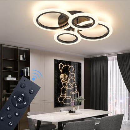Shine LUEST 34W Modern LED Ceiling Light, 3000K-6000K Dimmable Ceiling Lighting Fixtures Ceiling Mount 4 Rings Black LED Chandelier Bedroom Lights Flush Mount with Remote for Kitchen, 2720LM - color: Black, 4 Rings
