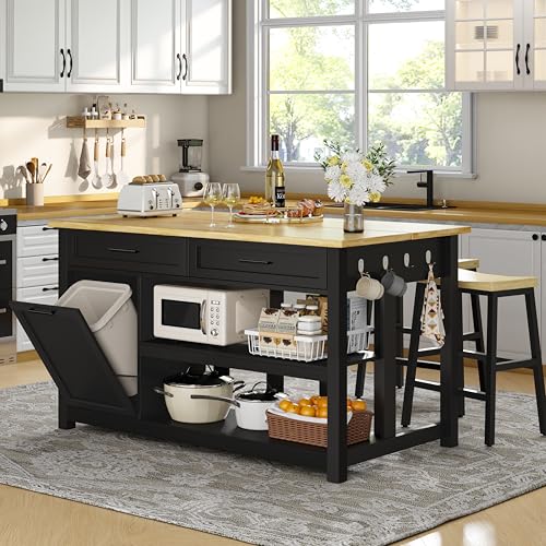 Kitchen Island with Storage and Seating Include 2 Bar Stools, Drawers,Black | 47" Solid Rubberwood Top Kitchen Island with Trash Can Storage, Power Outlet, 6 Hooks, Coffee Bar Cabinet, Dining Table for 2 - color: Black