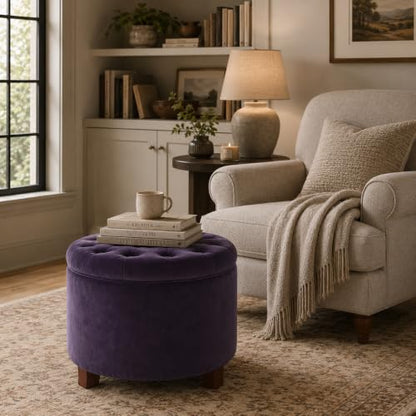 HomePop 19" Velvet Button Tufted Round Storage Ottoman - Deep Purple - color: Purple