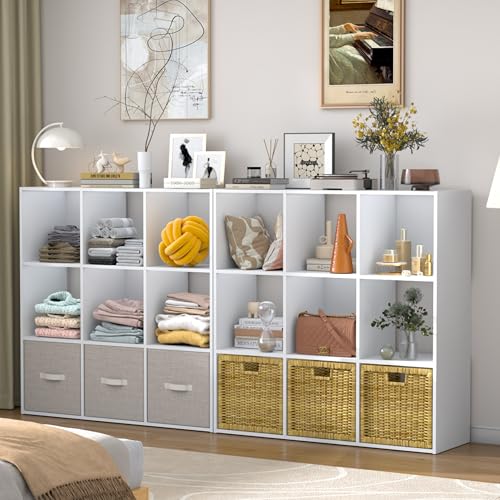 PrimeZone 9 Cube Storage Organizer, Stackable Wood Cubby Bookshelf, White | Fits 11" Cubby Bins, Cubes Shelf for Living Room Closet Bedroom, Square Open Storage Shelf for Clothes Book - color: White, size: 9-Cube