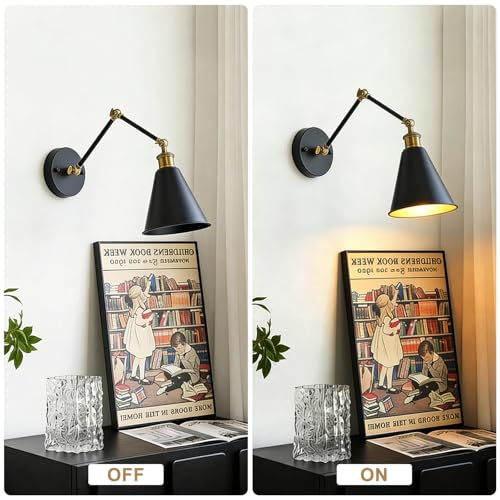 Swing Arm Wall Sconce Black Gold, 7" Metal Cone Shade | Farmhouse Wall Light, Adjustable Dual-Joint Arm, Industrial Wall Lamp, Antique Brass Accents for Bedroom Reading Living Room