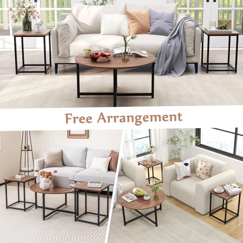 COSTWAY Coffee Table Set of 3, Round Wood Grain Coffee Table and 2 Square End Side Tables with Metal Frame, Modern 3-Piece Living Room Tables Set for Small Space, Apartment (Walnut & Black) - color: Walnut & Black