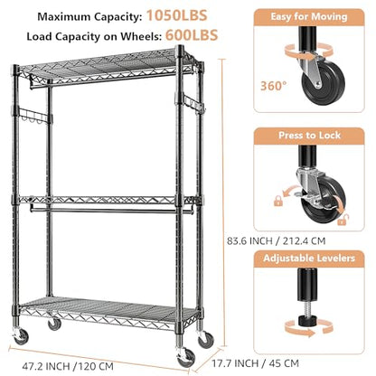 M MZG Heavy Duty Rolling Garment Rack 3 Tiers Adjustable Wire Shelving Clothes Rack with 2 Rods and Side Hooks, Storage Closet Clothing Rack with Wheels Black 17.7" D x 47.2" W x 83.6" H - color: Black, size: 3 Tiers with 2 rods, 17.7"D x 47.2"W x 83.6"H