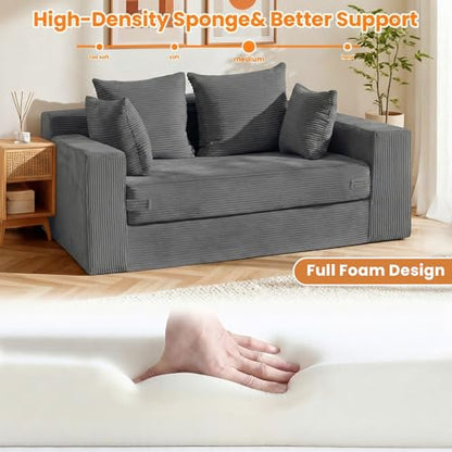 Winzon Boneless Loveseat, 3 in 1 Convertible Sofa Bed Sleeper Sofa Floor Futon Bed with 4 Pillows, 55" Grey Boneless Couch for Living Room, Guest Room, Small Space, No Assembly Required, Corduroy