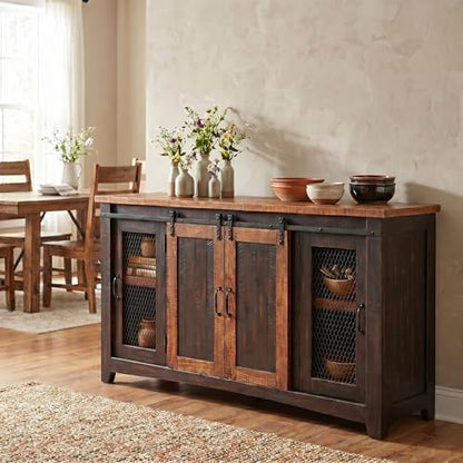 Martin Svensson Home Rustic 65" Wood Entertainment Center, Black and Honey | Solid Pine, TV Stand, Sliding Doors, Adjustable Shelves & Cable Management, for TVs up to 70" - color: Antique Black and Aged Distressed Pine