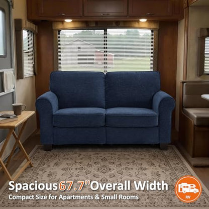 MCombo 67.7" Loveseat Sofa, 2-Seater Small Couch for Small Spaces, Classic Rolled Arm Upholstered Sofa with Solid Wood Legs for Living Room, Removable Cover, Chenille Fabric VE730 (Navy Blue) - color: Navy Blue