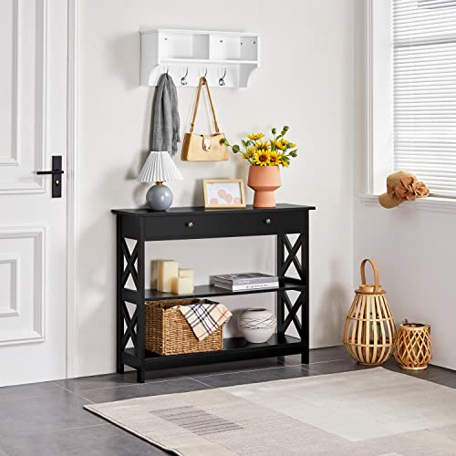 Yaheetech Narrow Entryway Console Table with Drawer, Storage Shelf, Black | X-Frame Painted MDF Build, Drawer and 2 Open Shelves for a Living Room, Sofa Side or Small TV Stand, Tabletop Holds 55 lb - color: Black