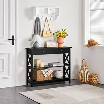 Yaheetech Narrow Entryway Console Table with Drawer, Storage Shelf, Black | X-Frame Painted MDF Build, Drawer and 2 Open Shelves for a Living Room, Sofa Side or Small TV Stand, Tabletop Holds 55 lb - color: Black