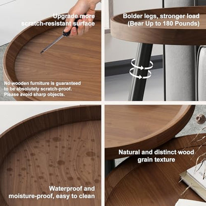 2 PCS Small Round Coffee Table Set, Mid Century Modern Coffee Tables for Living Room, Walnut Nesting Tables for Small Spaces, Easy Assembly Circle Wood Center Table,Black Side/End Table Set of 2,Brown