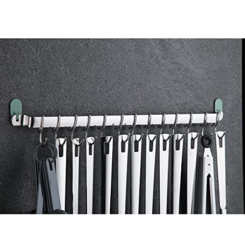 Kyraton Kitchen Utensil Rail Organizer - Wall Mounted Gourmet Rack With 14 Hooks for Hanging Knives, Mugs, Spatulas, Pots and Utensils - color: 1.Silver