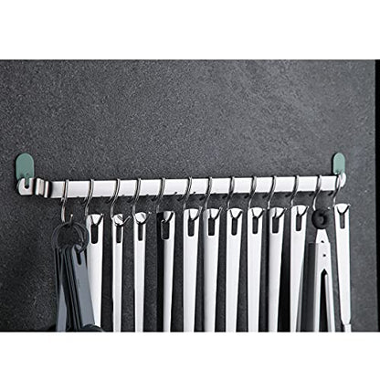 Kyraton Kitchen Utensil Rail Organizer - Wall Mounted Gourmet Rack With 14 Hooks for Hanging Knives, Mugs, Spatulas, Pots and Utensils - color: 1.Silver