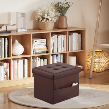Bsketa Storage Ottoman Bench,17 Inch Folding Leather Foot Rest Stool, Brown | Small Ottoman with Side Pockets, Thicker Foam Padded Seat, Livingroom, Dorm, Bedroom, Easy to install, 43L,17x13x13in - color: Brown-with Side Pockets.
