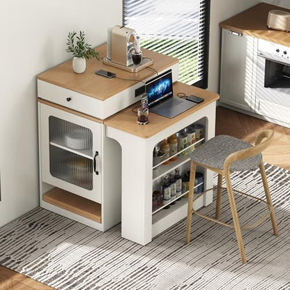 59.5" Kitchen Island with Extendable Dining Table, Kitchen Storage Table with Double-Sided Storage & 2 Drawers, Power Outlet, Side Open Shelves, for Dining Room (White3) - color: White3