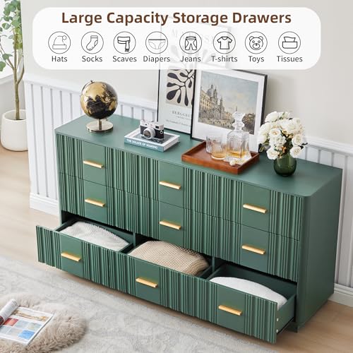 Fluted 9 Drawer Dresser,59"Wide Modern Chest of Drawers with Sturdy Base,Wood Closet Organizers,TV Stand,Storage Dresser with 9 Deep Drawers for Bedroom Living Room Hallway Entryway Nursery(Green) - color: 47" Wide Walnut