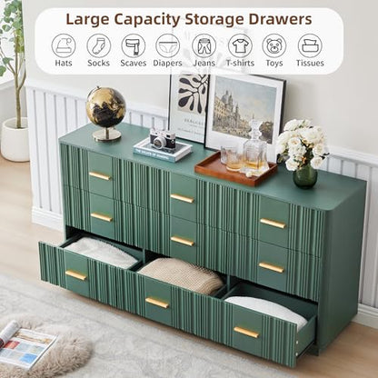 Fluted 9 Drawer Dresser,59"Wide Modern Chest of Drawers with Sturdy Base,Wood Closet Organizers,TV Stand,Storage Dresser with 9 Deep Drawers for Bedroom Living Room Hallway Entryway Nursery(Green) - color: 47" Wide Walnut