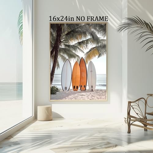 Surfboard Ocean Art Neutral Coastal Pictures Ocean Beach Scene Picture Palm Tree Artwork Coastal Boho Prints Summer Landscape Canvas Surf Beach Prints Seaside Paintings for Home Room 16x24in Frameless - color: B1Unframed