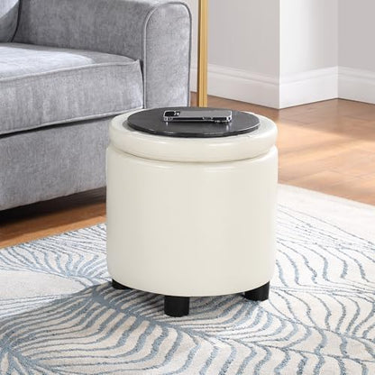 Designs4Comfort Round Accent Storage Ottoman with Reversible Tray Lid - color: White