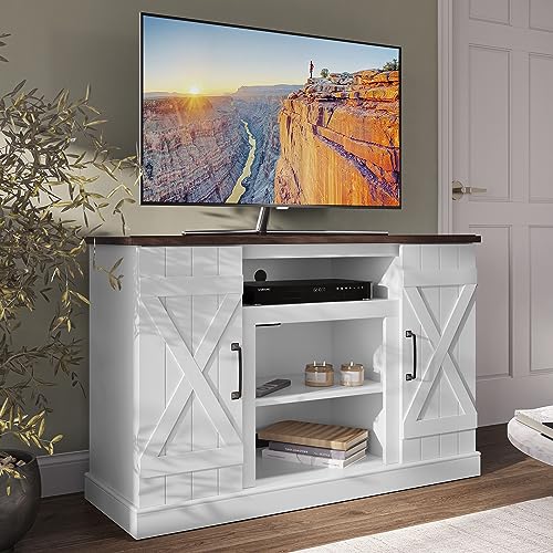 BELLEZE Industrial 47 Inch Rustic Wood TV Stand & Media Entertainment Center Console Table for TVs up to 50 Inch with Open Storage Shelves & Cabinets - Veropeso (White) - color: White, style: 47"
