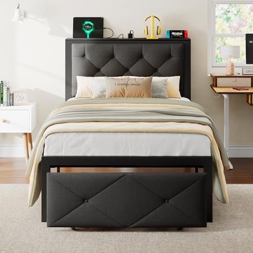 iPormis Twin Bed Frame for Kids with Storage Drawers, Linen Upholstered Headboard Platform Bed with Charging Station, No Box Spring Needed, Metal Slats Support, Noise-Free, Easy Assembly, Black - color: Black, size: Twin