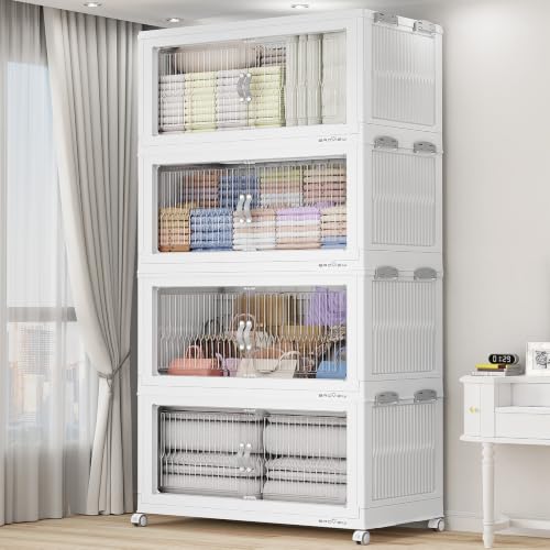BROVIEW 800QT Extra Large Stackable Storage Bins with Lids, 4Pack White | 200Gal Plastic Collapsible Cabinets Containers, Wheels & PET Doors, Foldable Closet Organizers Drawers for Office, Dorm - color: White, size: 50Gal-4Pack