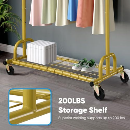 HOKEEPER Clothing Rack Gold Clothes Rack Heavy Duty Garment Rack for Hanging Clothes 525LBS Commercial Clothing Racks with Wheels for Bedroom, Laundry, Balcony, Living Room 22" D x 75" W x 71" H | Adjustable Garment Rack Easy Assemble Commercial Clothing