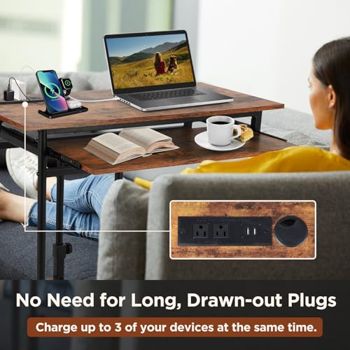 FAHKNS C Table with Wheels, Adjustable Couch Table with Charging Station, Couch with Cup Holder, Sofa Bedside Laptop Stand C Shaped TV Tray with Storage Shelves