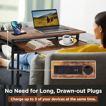 FAHKNS C Table with Wheels, Adjustable Couch Table with Charging Station, Couch with Cup Holder, Sofa Bedside Laptop Stand C Shaped TV Tray with Storage Shelves