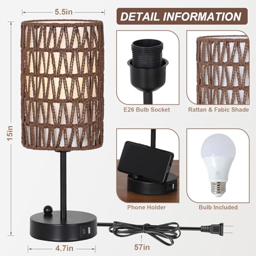 Bedside Lamps Set of 2, Touch Control Night Stand Lamp for Bedroom with Rattan & Linen Shade & Bulbs, 3 Way Dimmable Small Boho Table Lamps with USB Charging Port & Phone Stand (Coffee Color) - color: Coffee-2pack