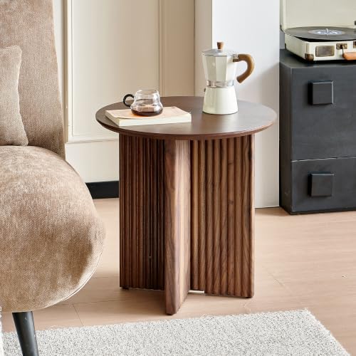 Round Fluted End Table, 19" Side Table, Modern Bedside Table, Mid-Century Modern Nightstand,Easy Assembly, for Small Spaces, Living Room, Bedroom, Walnut - color: Walnut, size: 19" Cross-leg Table