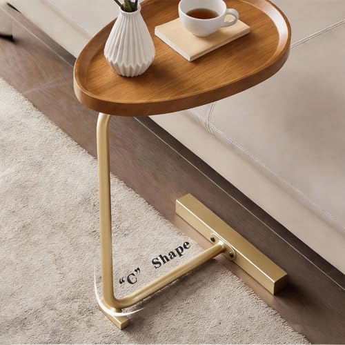 Small Side End Table New C Table Narrow Round Bed Sofa Couch Coffee Dinner Table for Snack Drink TV Tray, Slim Gold Rustic End Table Modern Simplicity, Metal and Wood - 24 Inch (Wood) - color: Wood Color