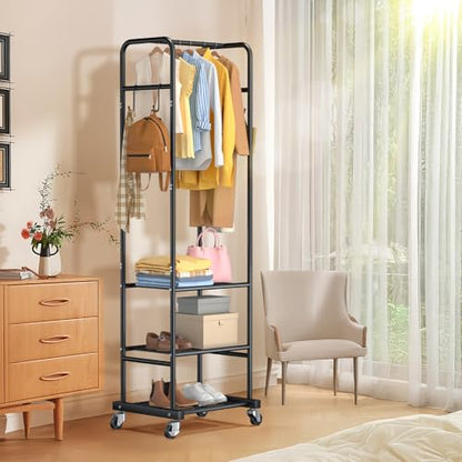 Clothes Rack with Wheels, Freestanding Garment Rack with 3 Metal Shelves for Hanging Clothes, Portable Hanging Rod for Small Room, Bedroom, Bathroom (Black)