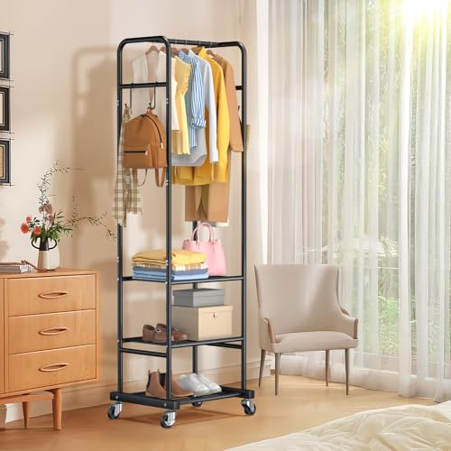 Clothes Rack with Wheels, Freestanding Garment Rack with 3 Metal Shelves for Hanging Clothes, Portable Hanging Rod for Small Room, Bedroom, Bathroom (Black)