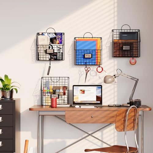 4 Packs Hanging Wall File Organizer with Hooks, Magazine Rack ,Mail Basket | Metal Wall Mounted File Holder Folder with Handles , Home Office Organization for Papers Book, No Assembly Required, Black